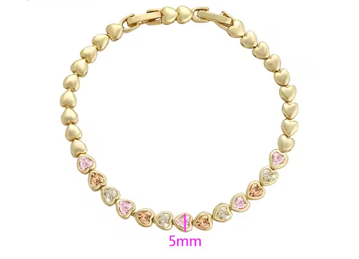 Jewelry Fashion Colorful Heart Bracelet for Women Charm Gold Elegant 14K Gold Plated Copper Wholesale Bracelet
